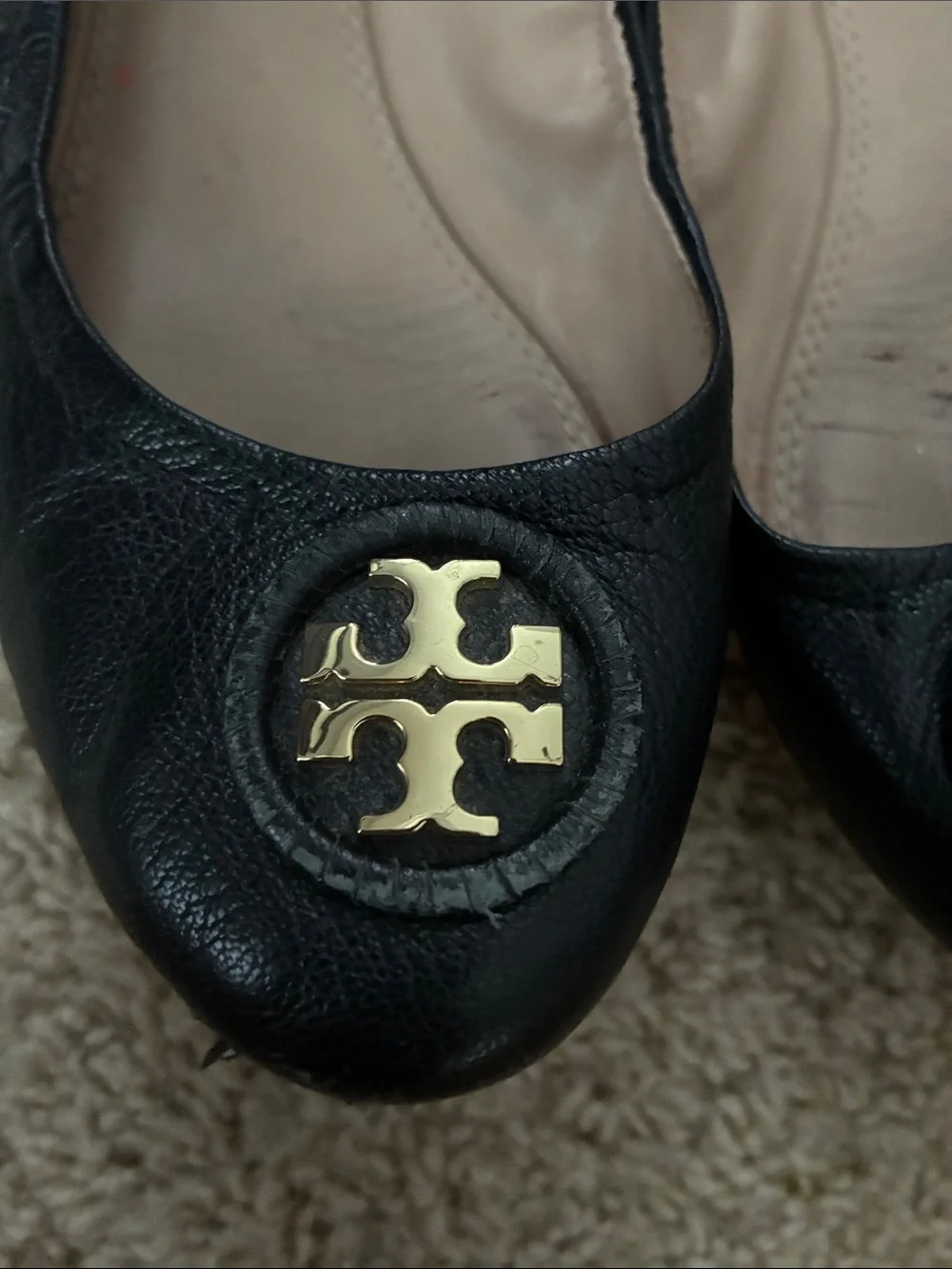 Tory Burch Black Leather Ballet Flats with Gold Emblem (size 7.5)